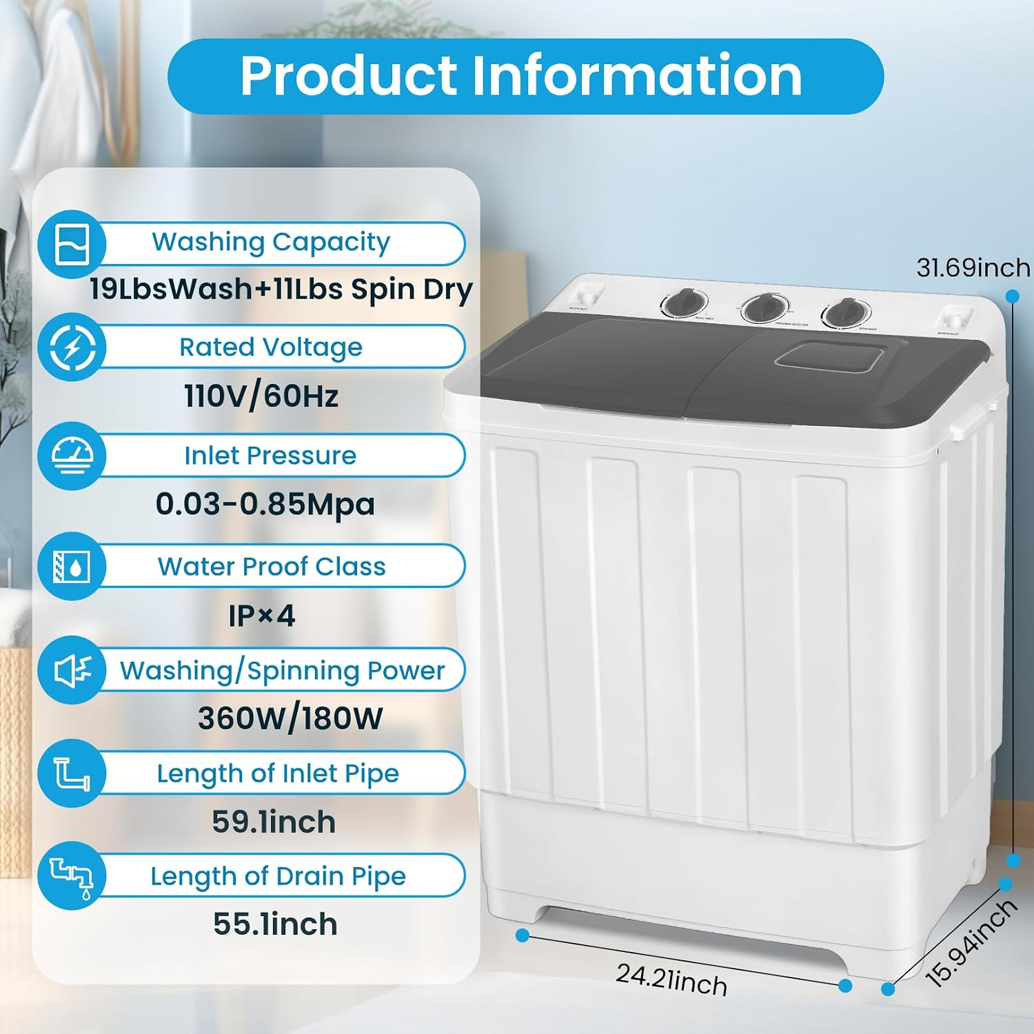 Nictemaw Portable Washing Machine 30Lbs Capacity Washer and Dryer Combo 2 In 1 Compact Twin Tub Laundry Washer (19Lbs) & Spinner (11Lbs) with Drain Pump, Time Control, for Apartment Dorms RV, Grey