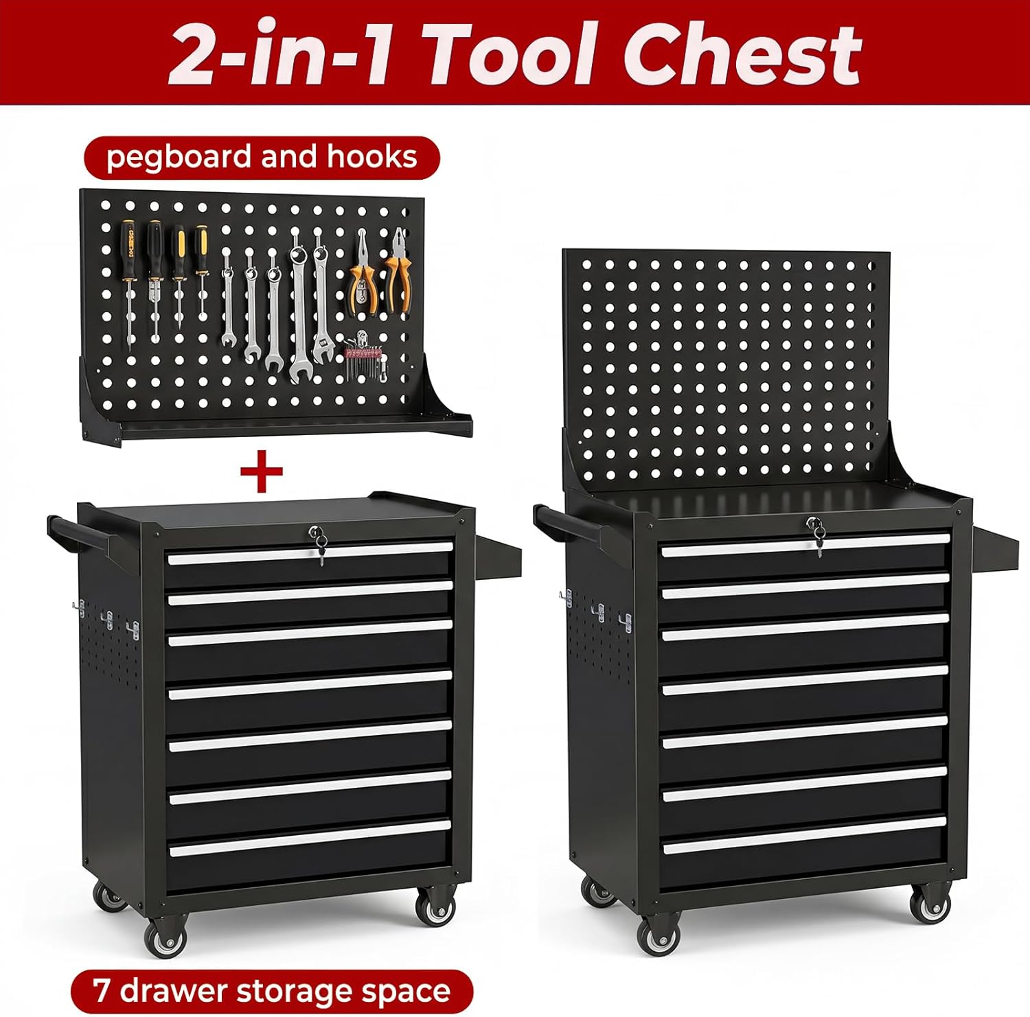 Rolling Tool Chest with Wheels, 7 Drawers Tool Storage Cabinet, Portable Metal Tool Box Organizer with Lock, Tool Cart on Wheels Toolbox Workbench for Garage, Workshop, Warehouse(Required Assembly)