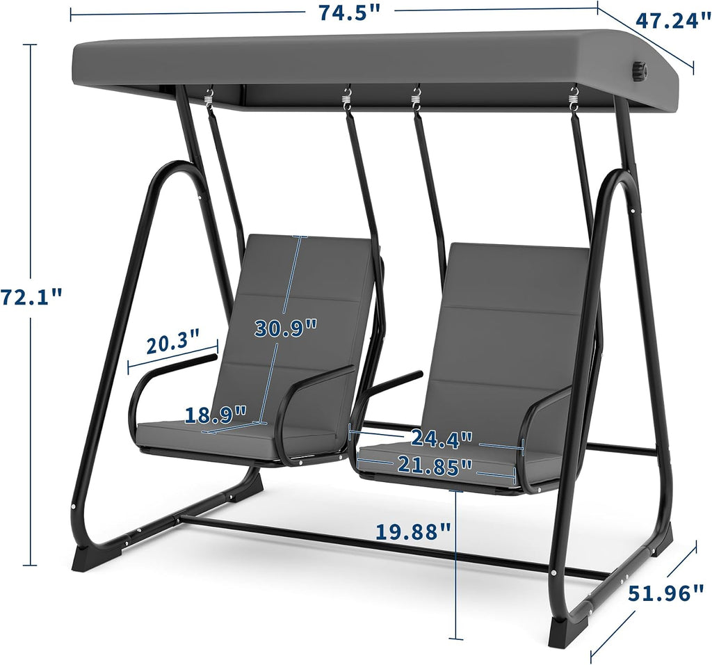 GarveeLife 2 Person Porch Swing Chair, Heavy Duty Outdoor Patio Swing Glider with Adjustable Canopy & Removable Cushions, Independent Swing Chairs for Garden, Balcony, Poolside, Backyard, Dark Grey