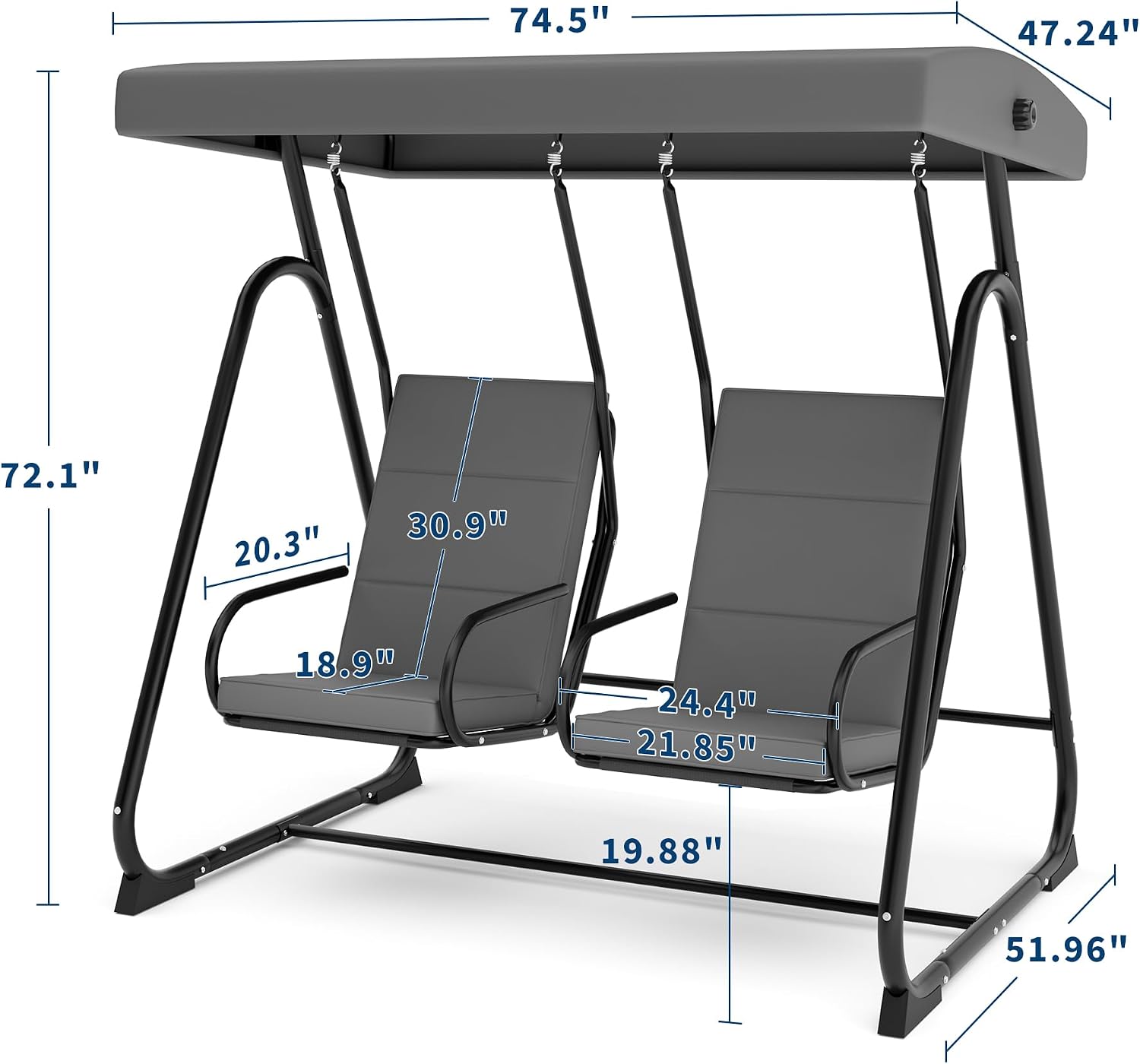 GarveeLife 2 Person Porch Swing Chair, Heavy Duty Outdoor Patio Swing Glider with Adjustable Canopy & Removable Cushions, Independent Swing Chairs for Garden, Balcony, Poolside, Backyard, Dark Grey