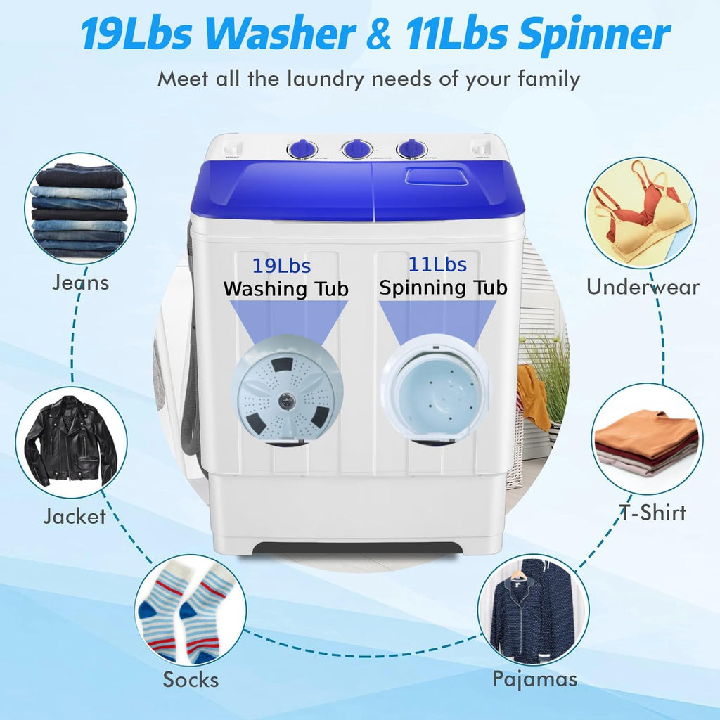 Nictemaw Portable Washing Machine 30Lbs Capacity Washer and Dryer Combo 2 In 1 Compact Twin Tub Laundry Washer (19Lbs) & Spinner (11Lbs) with Drain Pump, Time Control, for Apartment Dorms RV, Blue