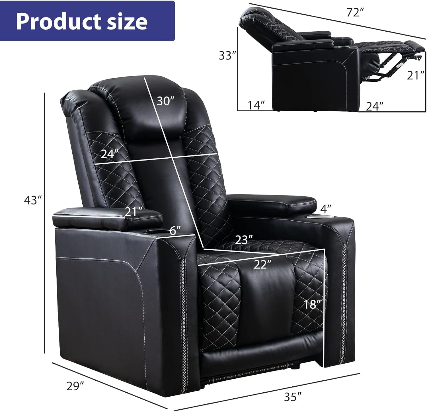 CANMOV Electric Recliner Chairs Set of 3, Breathable Faux Leather Home Theater Seating Recliner with Ambient Lighting, Power Recliner Chairs with USB Ports, Cup Holders, Hidden Arm Storage, Black