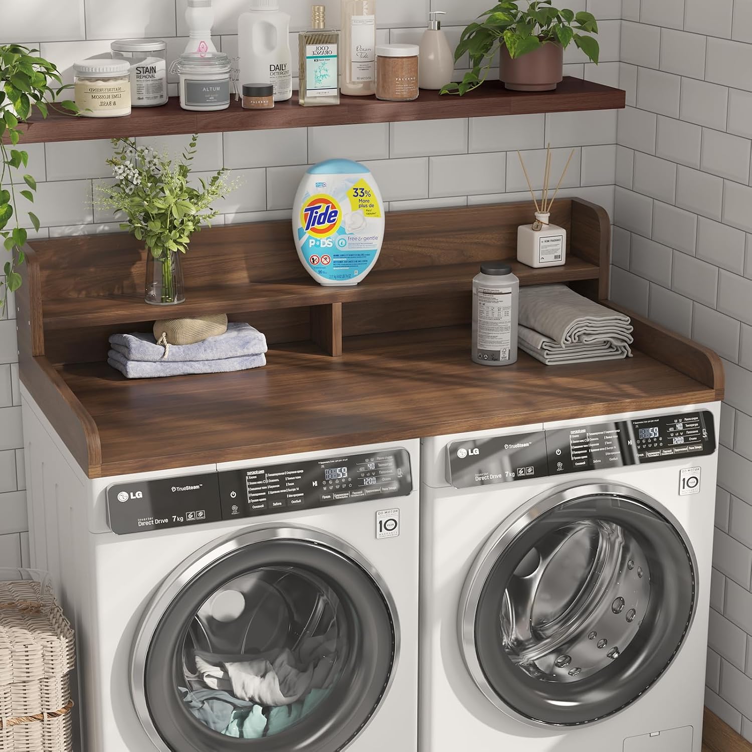2-Tier Washer Dryer Countertop with 2.75' H Edge Rails, 54' W x 27.55' D Laundry Countertop for Folding Clothes, Washer and Dryer Topper with Non-Slip Pad (Dark Walnut)