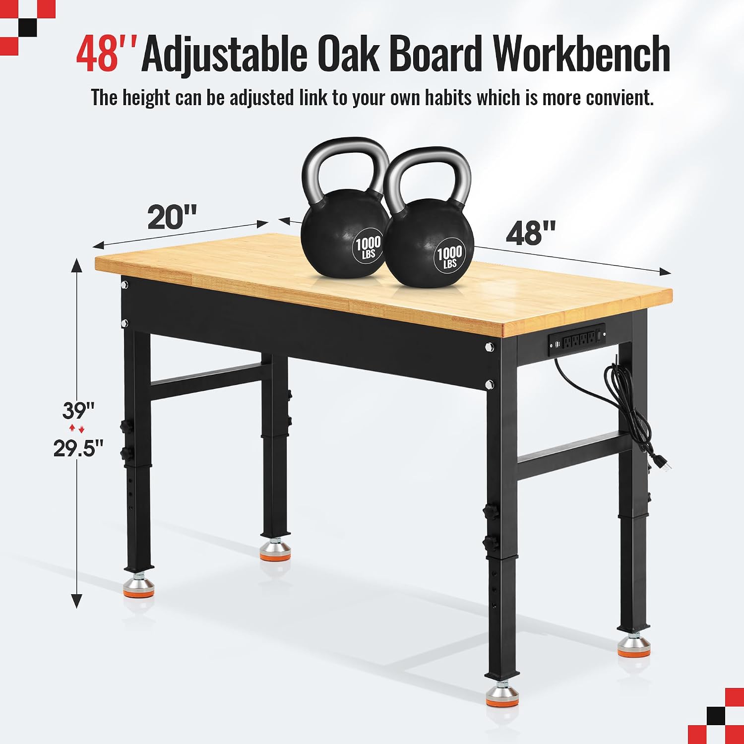 48 * 20'' Adjustable Workbench, 2000 LBS Load Capacity Heavy Duty Workstation with Power Outlets, Rubber Wood Top Worktable for Garage, Office,Workshop, Commercial