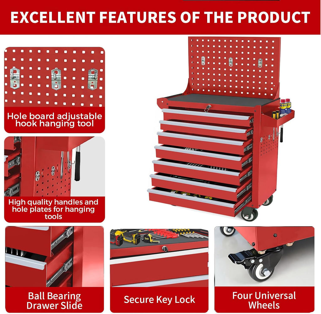 Rolling Tool Chest with Wheels, 7 Drawers Tool Storage Cabinet, Portable Metal Tool Box Organizer with Lock, Tool Cart on Wheels Toolbox Workbench for Garage, Workshop, Warehouse(Required Assembly)