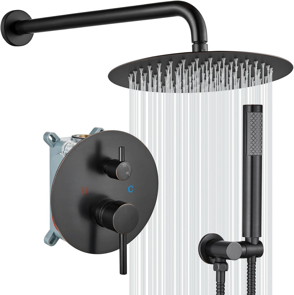 gotonovo Shower System 10 Inch Round Rainfall Showerhead Wall Mounted High Pressure Shower Faucet Set Fixture Combo with Rough in Valve and Cylindrical Handheld Spray, Oil Rubbed Bronze