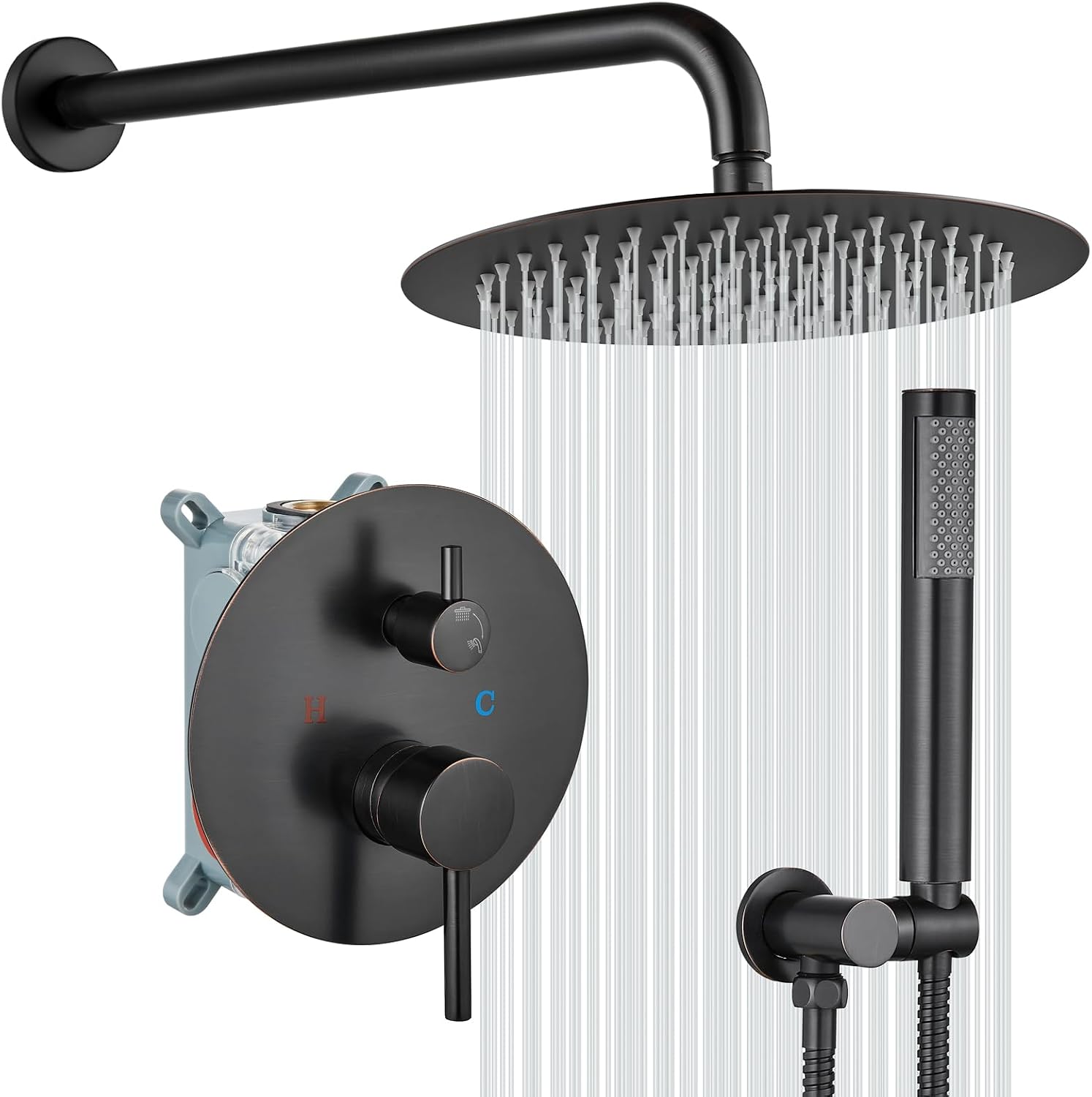 gotonovo Shower System 10 Inch Round Rainfall Showerhead Wall Mounted High Pressure Shower Faucet Set Fixture Combo with Rough in Valve and Cylindrical Handheld Spray, Oil Rubbed Bronze