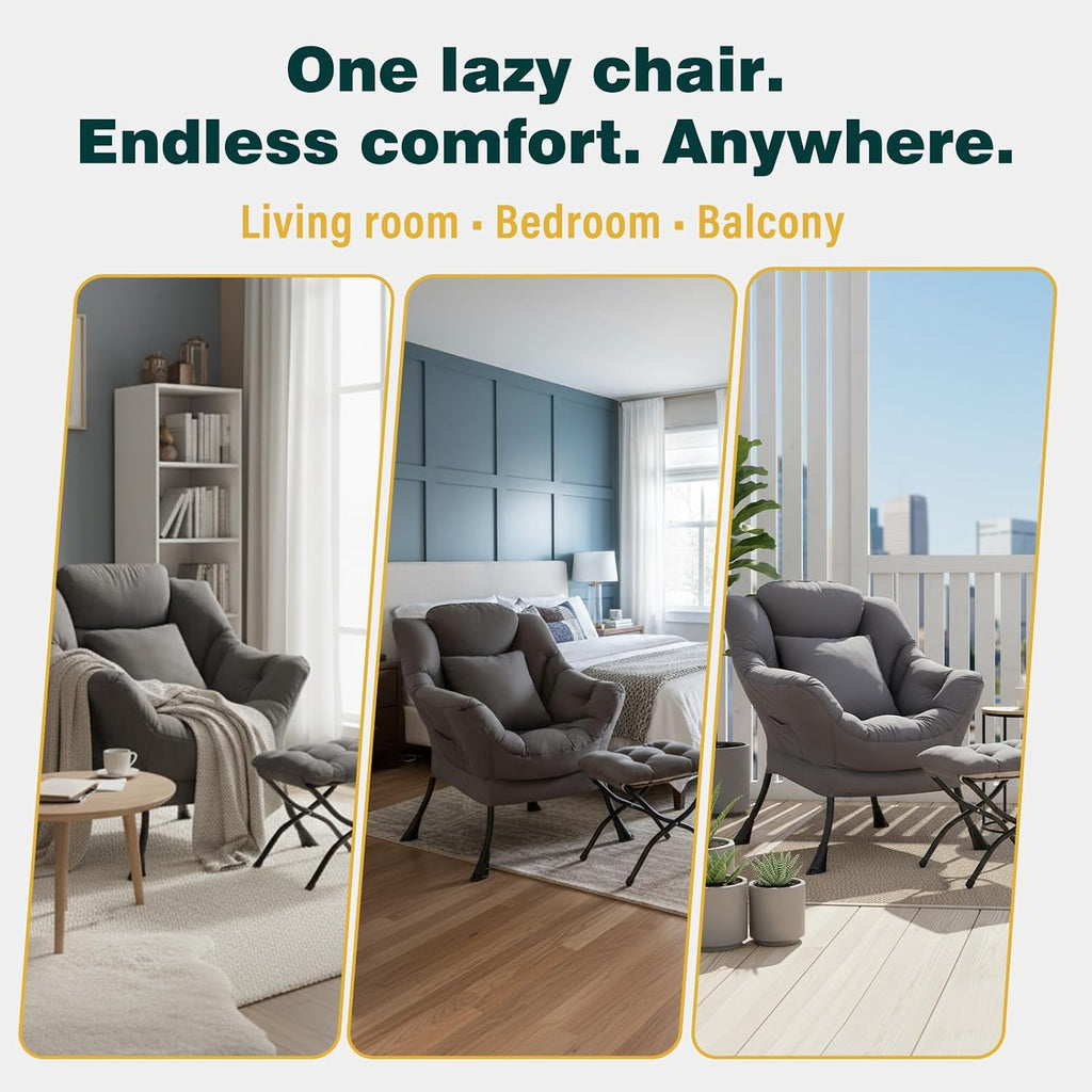 Lazy Chair with Ottoman, Large Accent Chair with Ottoman and a Throw Pillow, Dark Grey Reading Chair for Living Room Bedroom Dorm Room Office Apartment Relaxing Use
