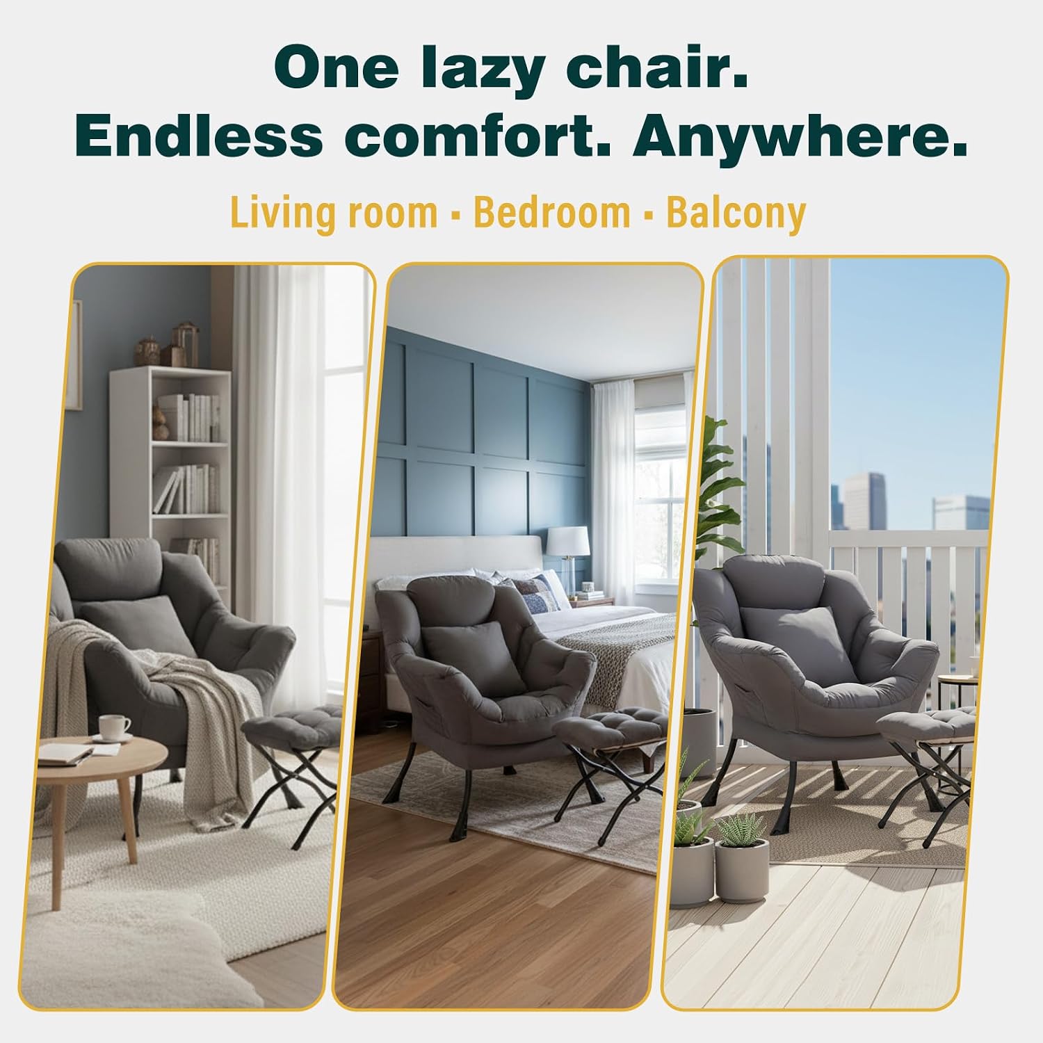 Lazy Chair with Ottoman, Large Accent Chair with Ottoman and a Throw Pillow, Dark Grey Reading Chair for Living Room Bedroom Dorm Room Office Apartment Relaxing Use