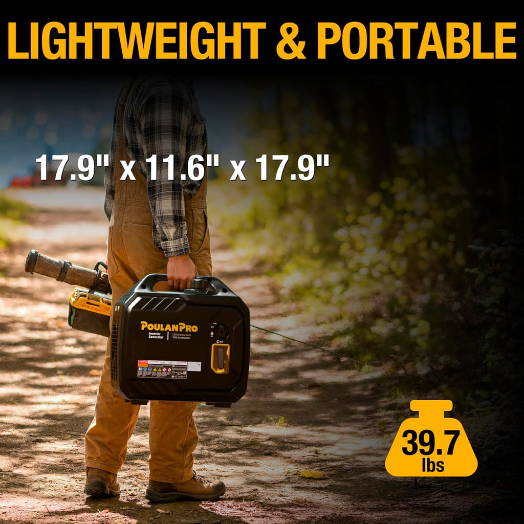 Poulan Pro 2300W Portable Inverter Generator, Quiet Gas Powered Generator for Home Backup, Camping & RV, with USB Ports, ECO Mode, Parallel Ready, CO Sensor, EPA Compliant