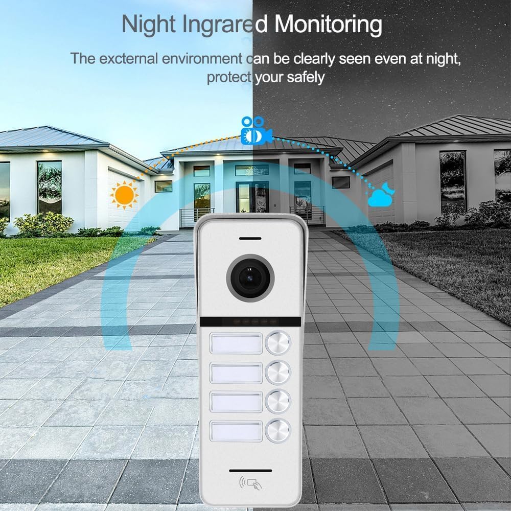 Wired Apartment Video Doorbell Intercom System,4 Units Touch Screen WiFi Monitor,Wireless Video Door Phone Kit,Indoor Outdoor Support Monitoring,Unlocking for Home Vally (10 inch White Monitor)