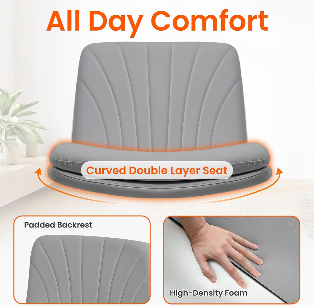 Orange Factory Criss Cross Chair with Wheels Comfy Wide Vanity Desk Chair Dual Base Leather Armless Adjustable Swivel for Home Computer Task (Grey Pu, Faux Leather)