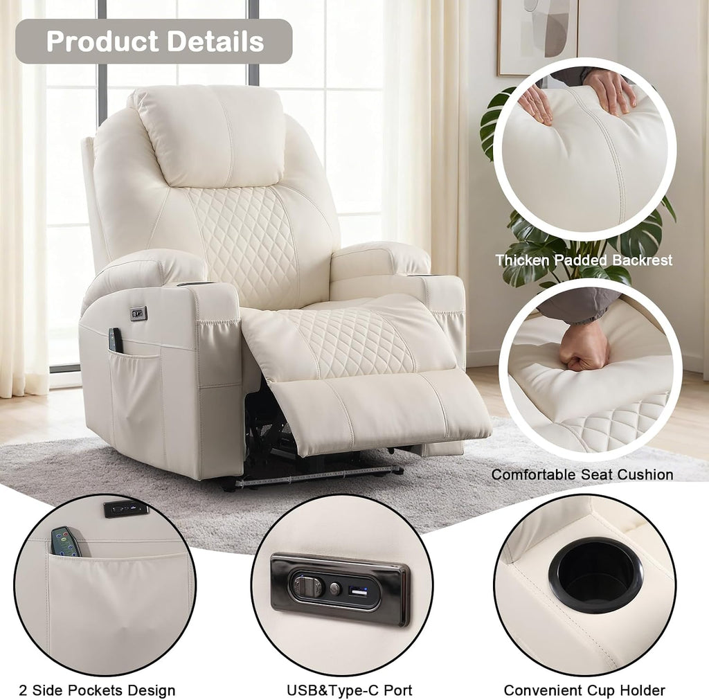Power Recliner Chair with Heat and Massage for Adults - Home Theater Seating with LED Lights,Cup Holders,Side Pocket,USB Port - Recliner Sofa for Living Room (Beige, Single Recliner)