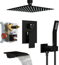 Ceiling Mount Shower System with Tub Spout, 10-Inch High-Pressure Rain Showerhead and Handheld Combo, Matte Black Shower Faucet Set with Rough-in Valve and Trim Kit, All-Metal