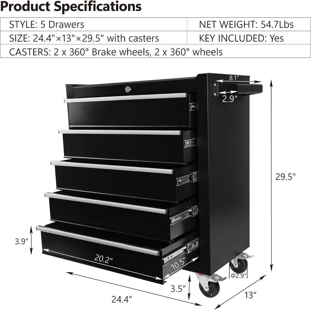 5-Drawer Rolling Tool Chest,Tool Cabinet On Wheels with Keyed Locking System and Drawer Liners,5 Drawer Tool Cart with Drawers,for Garage, Warehouse, Workshop, Repair Shop (Black)