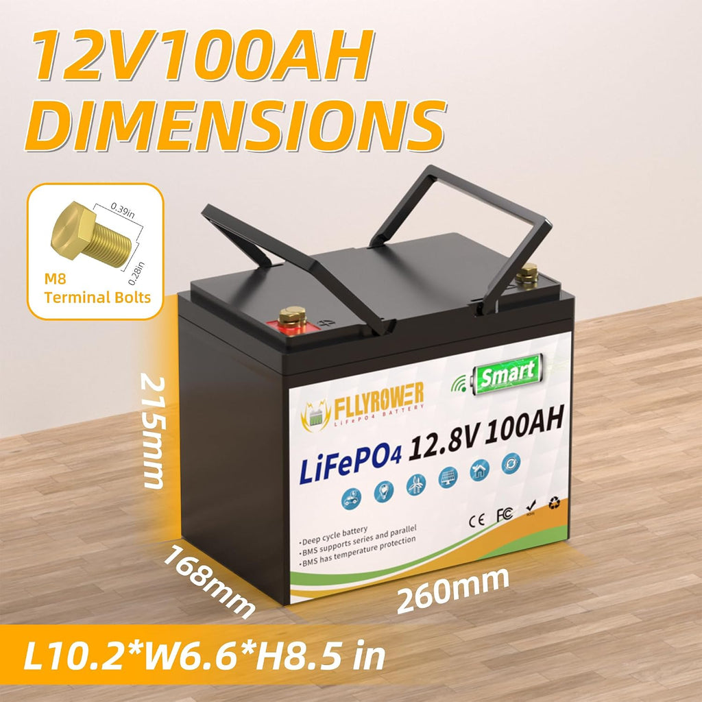 FLLYROWER Lithium Battery 12V 100AH With Smart BMS and 17000 Deep Cycles Lifepo4 Battery Grade A Cells for Marine Trolling Motor RV camping Solar Golf Cart Off-Grid