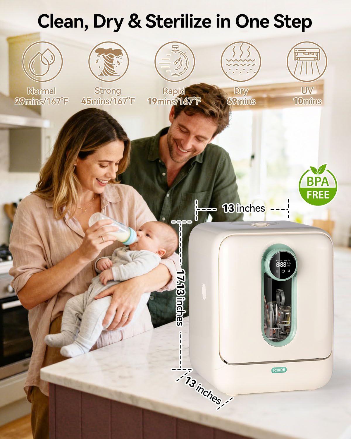 ICUIRE Baby Bottle Washer and Sterilizer and Dryer, 131-167°F High Temperature Sterilize for Baby Stuff, 3.2L Water Tank to Clean Bottles, Pump Part &Pacifiers&Bowl, Newborn Parents One-Hand Operation