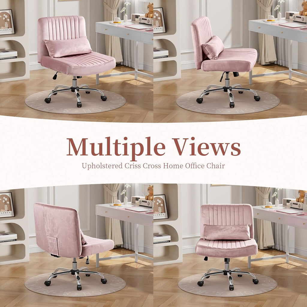Velvet Criss Cross Chair with Wheels, Luxury Cross Legged Office Chair, Comfy Desk Chair for Home Office, Wide Seat Computer Chair, Armless Vanity Chair, Birthday Gift for Girls & Women, Blush Pink