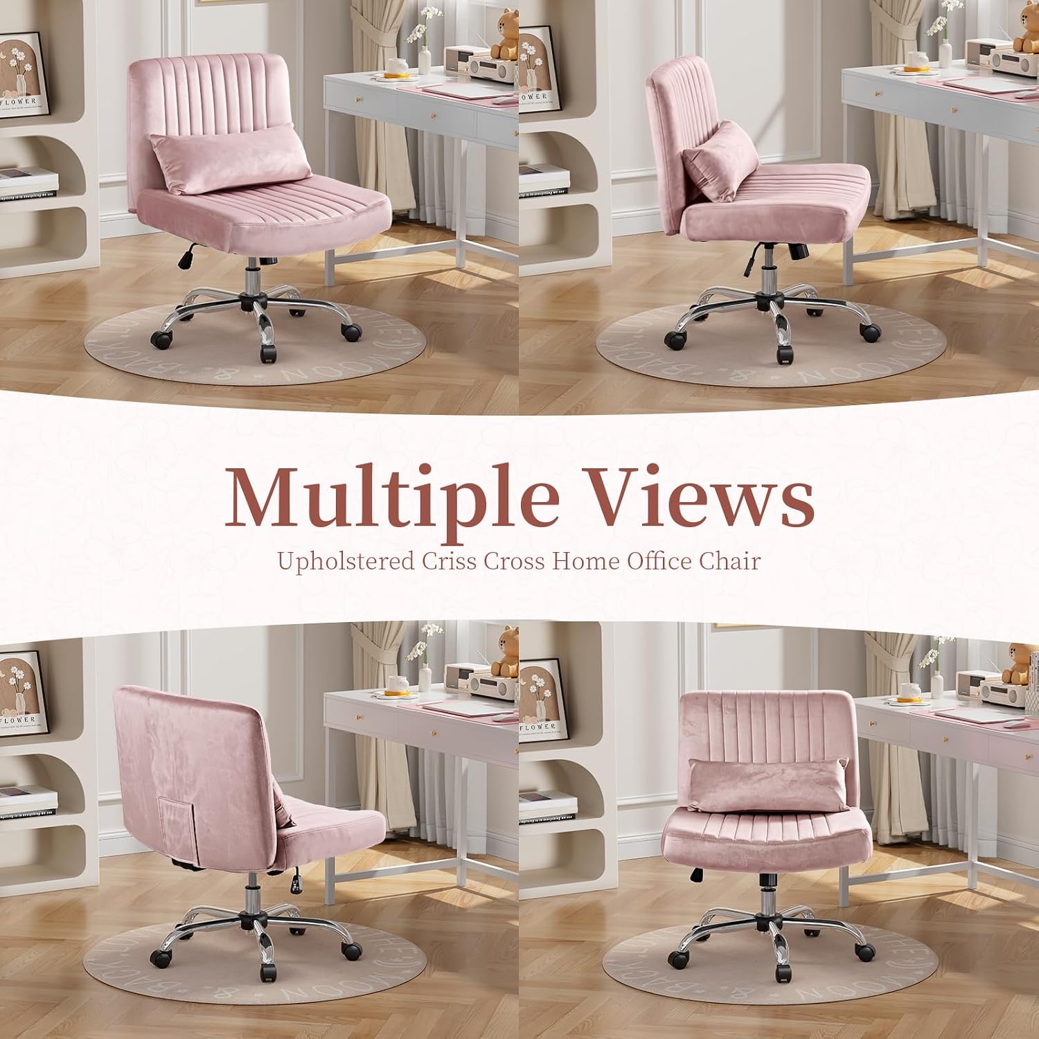 Velvet Criss Cross Chair with Wheels, Luxury Cross Legged Office Chair, Comfy Desk Chair for Home Office, Wide Seat Computer Chair, Armless Vanity Chair, Birthday Gift for Girls & Women, Blush Pink