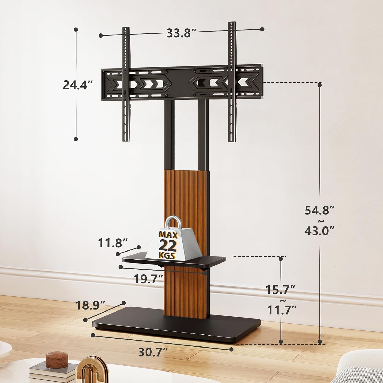 TVON Heavy Duty Floor TV Stand for 55-90 inch Large TVs up to 150 lbs, Tall TV Stand with Height Adjustable Mount, Universal TV Mount Stand with Large Storage Shelf and Wooden Base, Black and Walnut