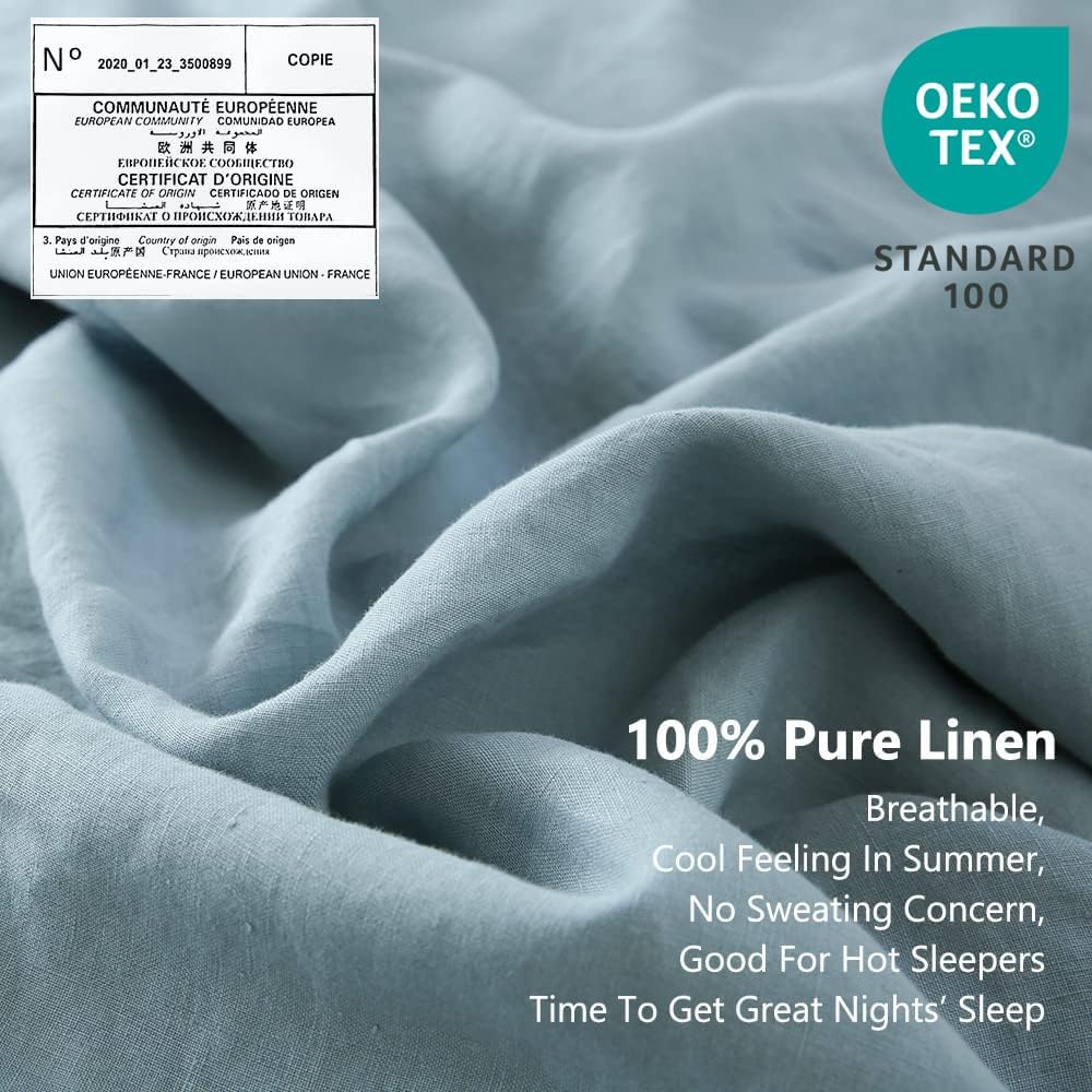 Simple&Opulence 100% Linen Sheet Set with Embroidery Washed - 4 Pieces (1 Flat Sheet & 1 Fitted Sheet & 2 Pillowcases) Natural Flax Soft Bedding Breathable Farmhouse - Dusty Blue, Queen Size