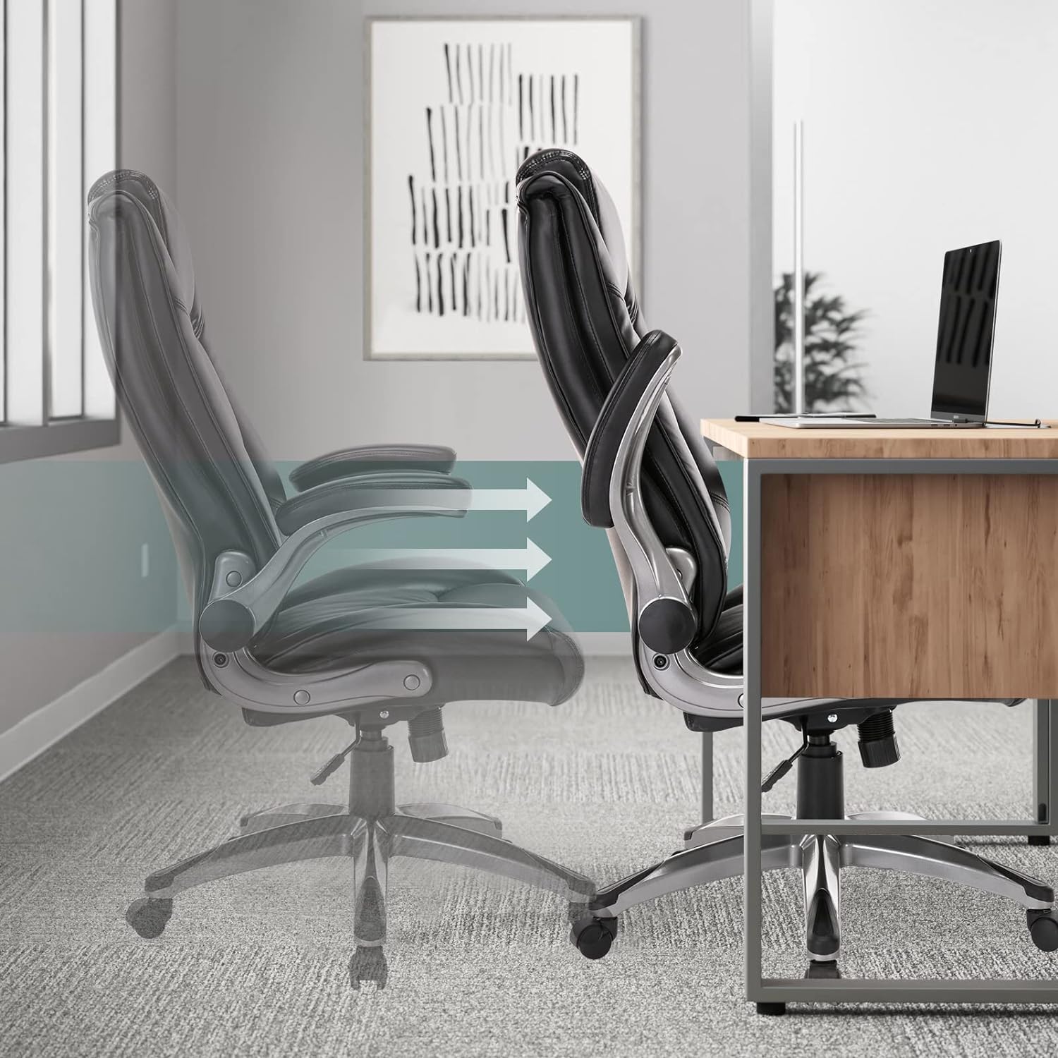 COLAMY Leather Executive Office Chair - High Back Ergonomic Home Computer Desk Chair with Padded Flip-up Arms, Adjustable Tilt Lock, Swivel Rolling Chair for Adult Working Study, Black