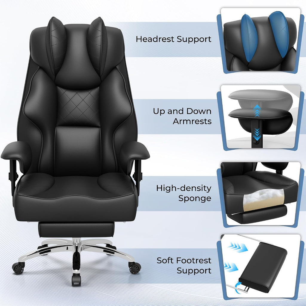 Homall Big and Tall Massage Office Chair,Reclining High Back Ergonomic Home Office Desk Chair with Adjustable Padded Armrest and Foot Rest (Leather, Black)