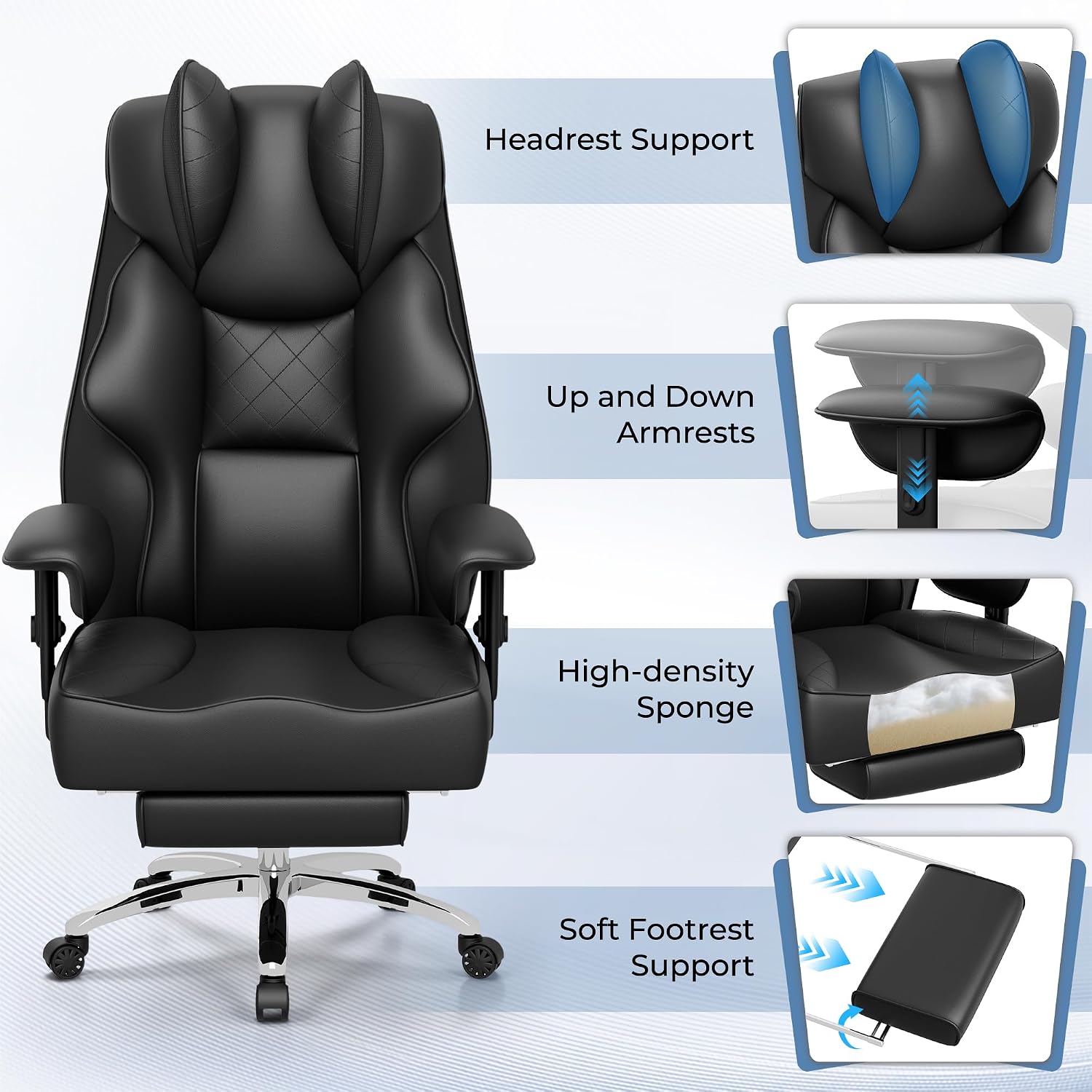 Homall Big and Tall Massage Office Chair,Reclining High Back Ergonomic Home Office Desk Chair with Adjustable Padded Armrest and Foot Rest (Leather, Black)