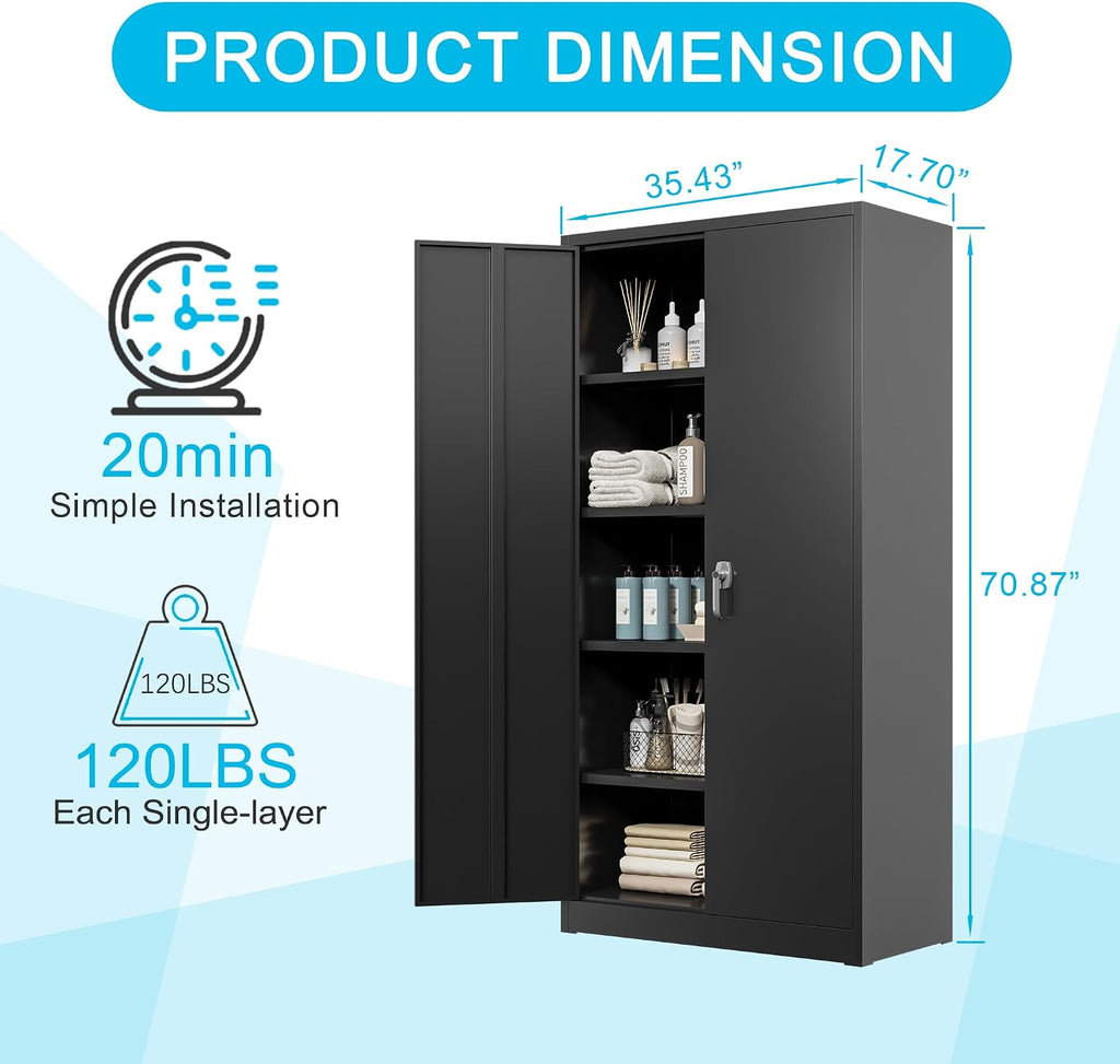Metal Storage Cabinet 71' Black Garage Tool Cabinet with Doors and Shelves,Heavy Duty Tall Steel File Cabinet with Lock for Home Office Kitchen Gym School