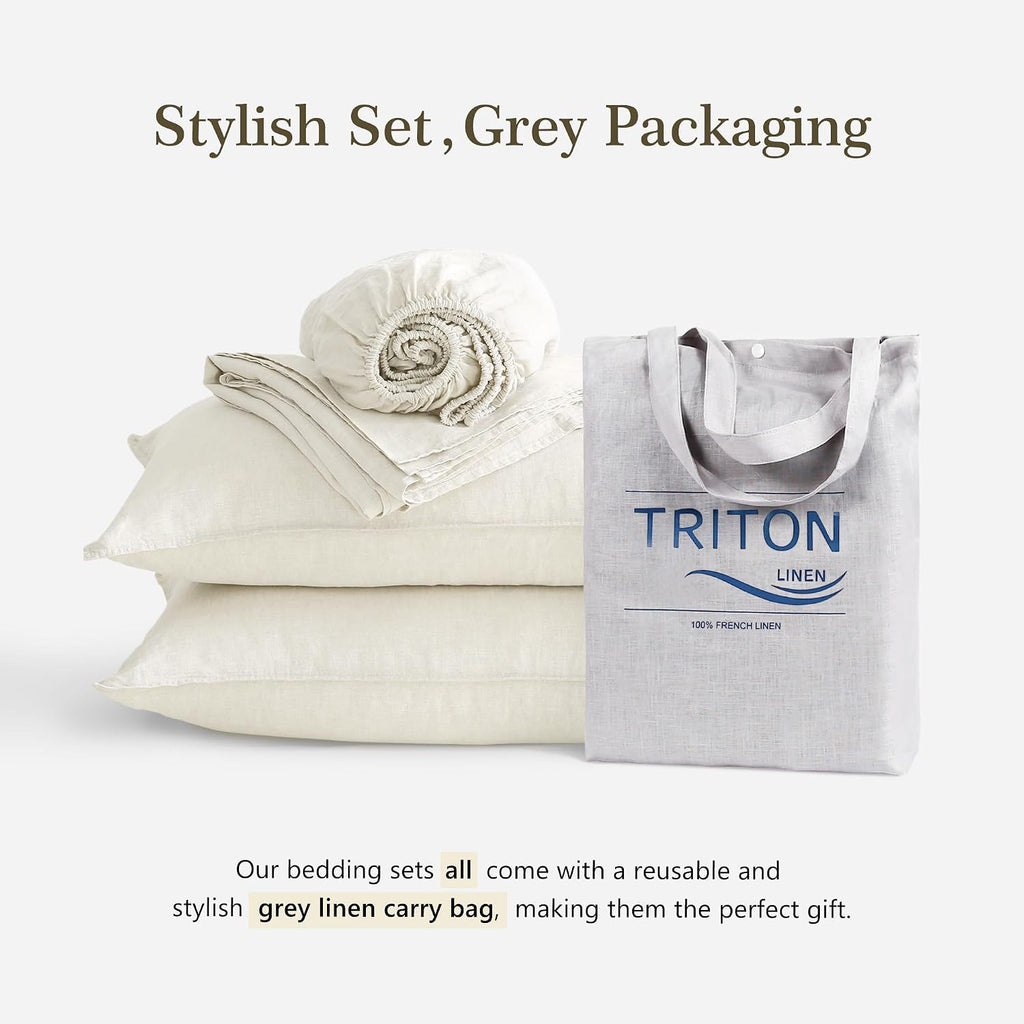 100% French Linen Sheets Set Cal King Size-4Pcs Natural Washed Flax Bed Sheets Soft Breathable and Durable- 1 Flat Sheet 1 Fitted Sheet 2 Pillowcases (Cream White, Cal King)
