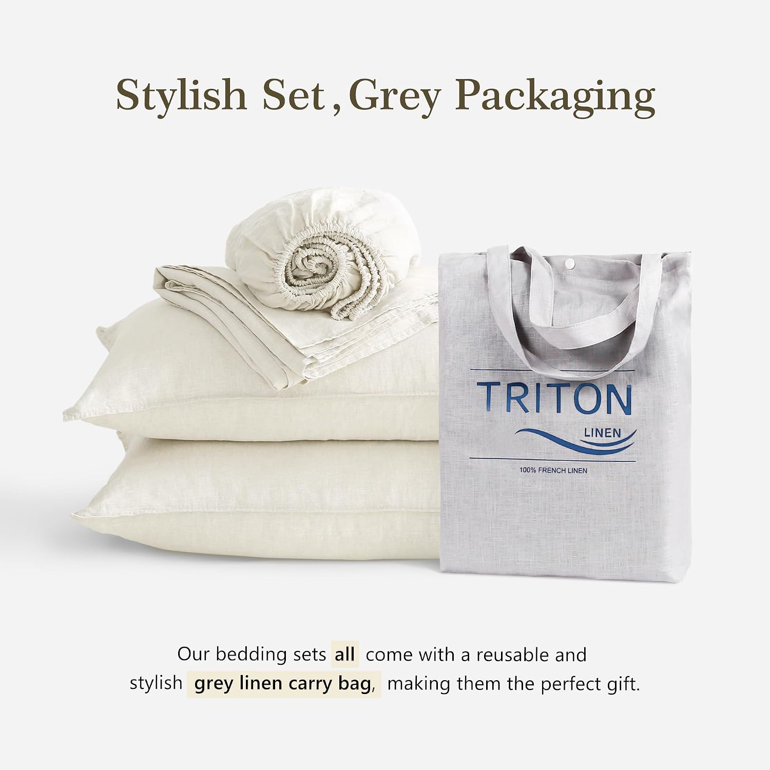 100% French Linen Sheets Set Cal King Size-4Pcs Natural Washed Flax Bed Sheets Soft Breathable and Durable- 1 Flat Sheet 1 Fitted Sheet 2 Pillowcases (Cream White, Cal King)