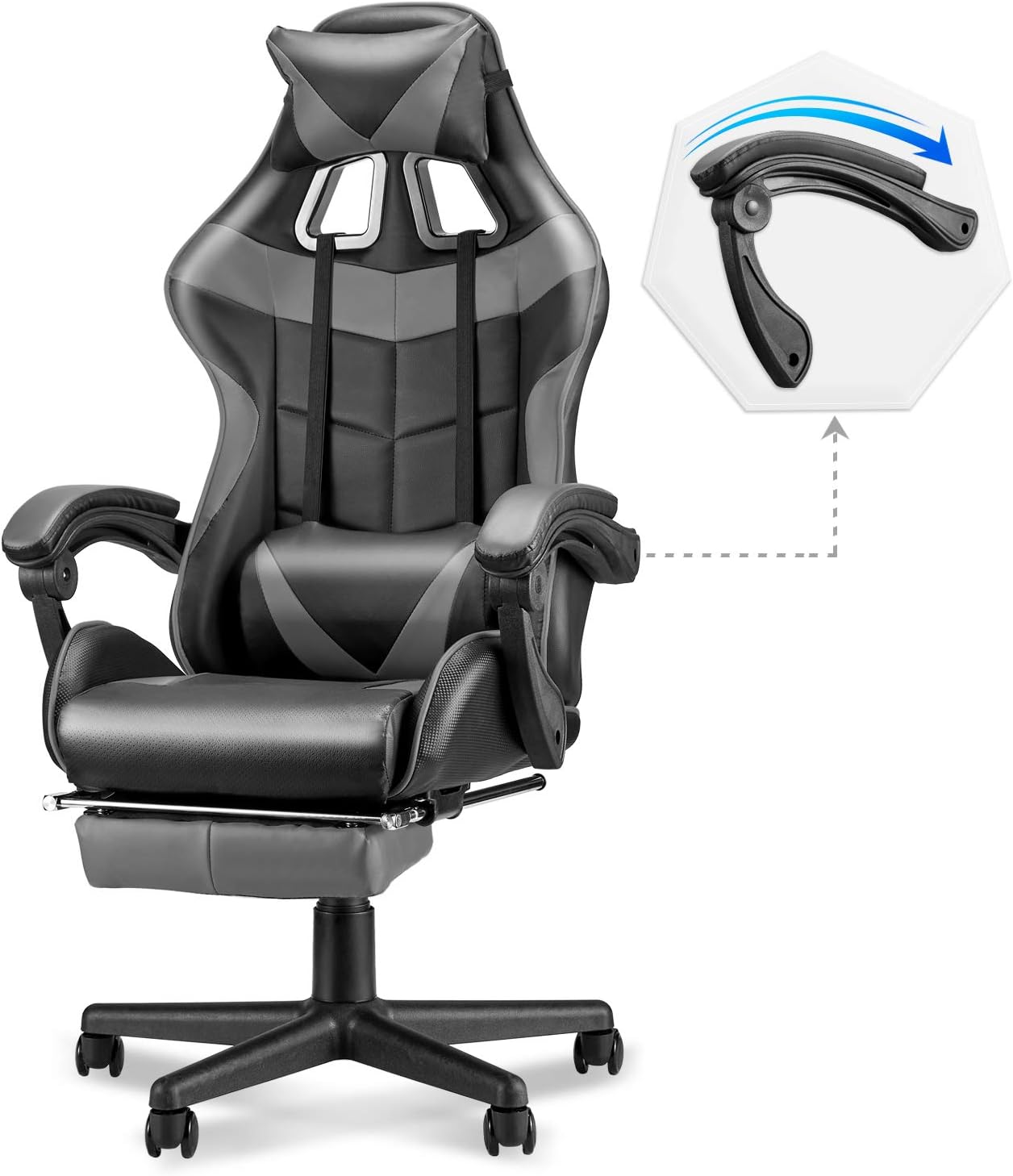 Soontrans Grey Gaming Chairs with Footrest,Ergonomic PC Computer Game Chair,Home Office Desk Chair with Headrest and Lumbar Support Gamer Chair for Adult