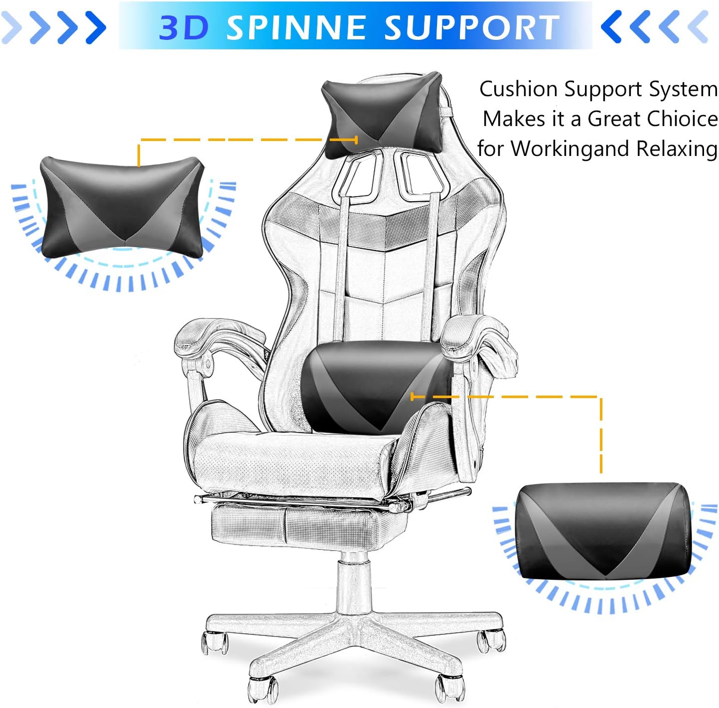 Soontrans Grey Gaming Chairs with Footrest,Ergonomic PC Computer Game Chair,Home Office Desk Chair with Headrest and Lumbar Support Gamer Chair for Adult