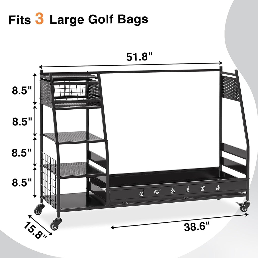 Lauren&Harold Golf Bag Organizer Garage Storage, Golf Storage Rack Stand Fits 2 Golf Bags, Golf Clubs and Other Golfing Equipment Accessories, Golf Organizer for Garage, Club, Shed, Basement