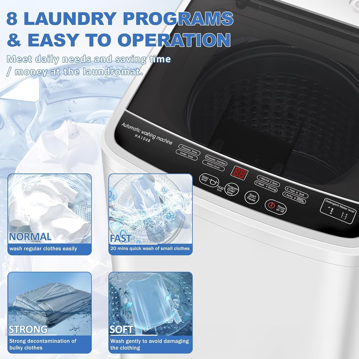 Erivess 1.9 Cu Ft Compact Washing Machine, 15 lbs Portable Washing Machine with 8 Wash Programs, Compact Laundry Washer for Homes & Apartments, Dorm, Small Spaces