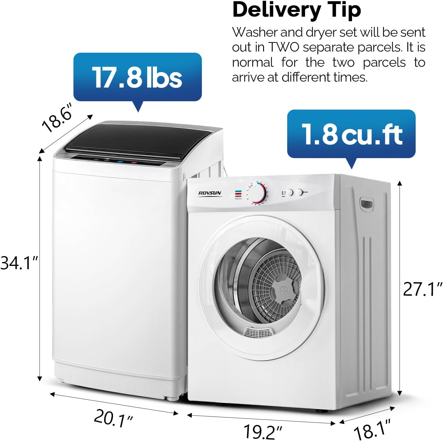 ROVSUN 1.8CuFt Portable Clothes Dryer and 17.8LBS Full-Automatic Washing Machine Set, Compact Laundry Washer and Dryer Combo Set with Stainless Steel Inner Tub, for Apartment, Dorms, Home