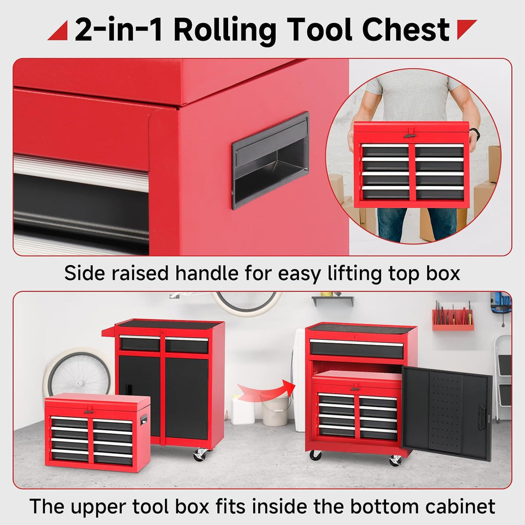 Rovibek Tool Chest, 5-Drawer Metal Tool Box with Wheels, Rolling Tool Chest with Foam Packaging, Lockable Wheels, Detachable Top Tool Box, Tool Storage Cabinet for Garage Workshop Warehouse, Pure Red