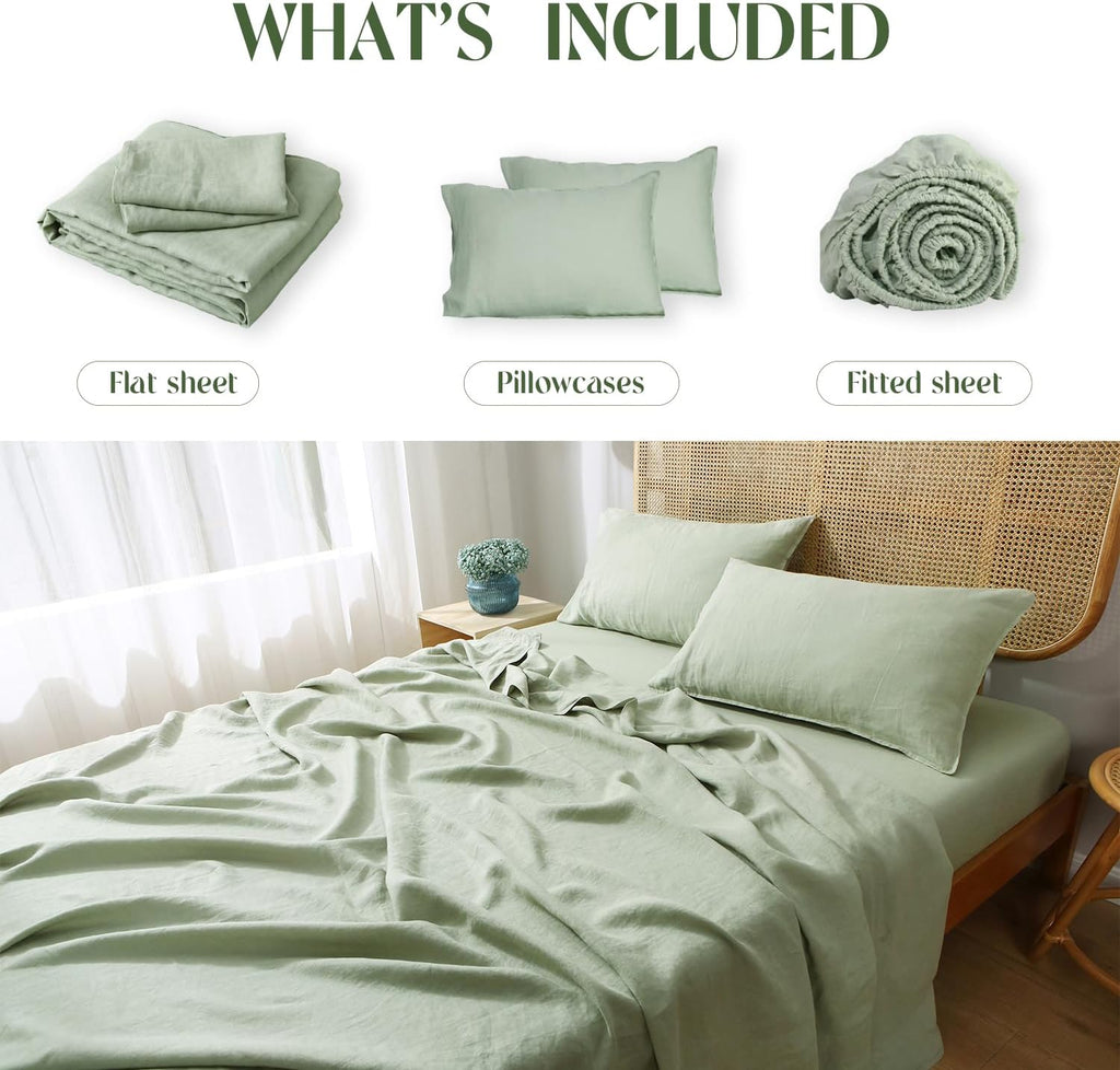 S VICTORY SYMBOL 100% Organic French Natural Linen Bed Sheets,Stone Washed 3 Pieces Sheets Set,Ultra Soft Luxurious Breathable Bedding(Light Green,Twin)