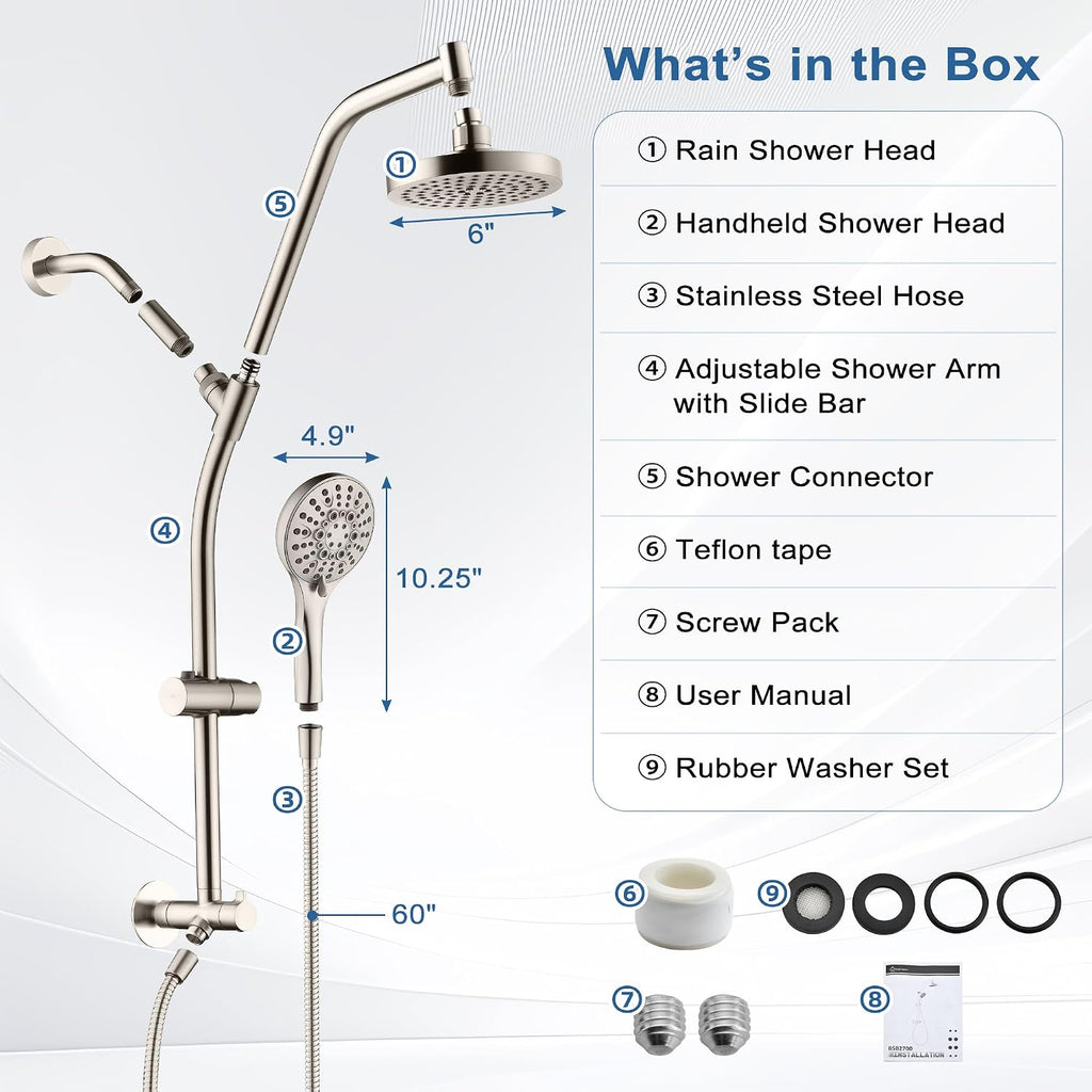BRIGHT SHOWERS Rain Shower Head with Handheld Combo, Dual Shower System with Slide Bar, Rain Shower System, Adjustable Height, Brass Slide Bar & Diverter, 60 Inch Stainless Steel Hose, Brushed Nickel