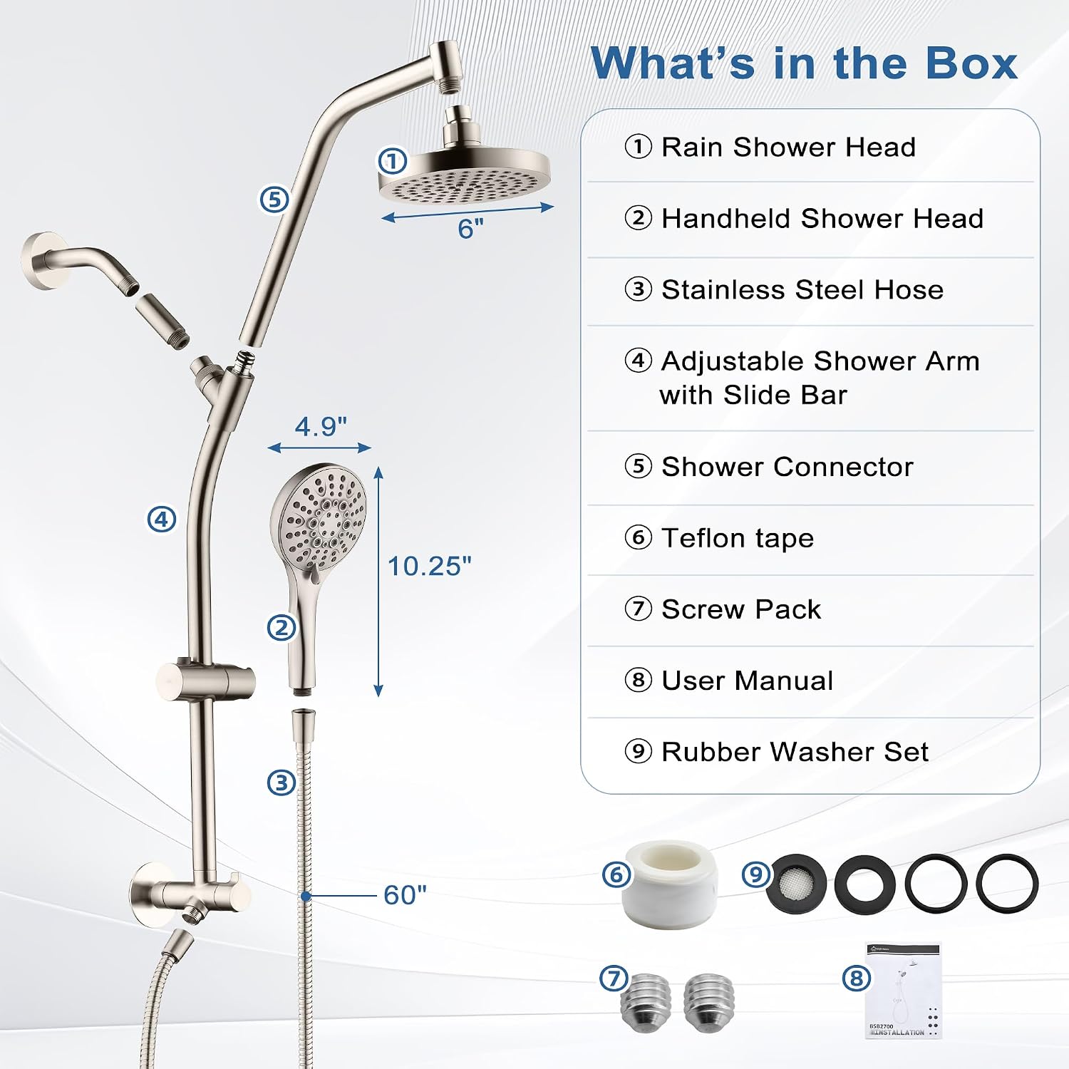 BRIGHT SHOWERS Rain Shower Head with Handheld Combo, Dual Shower System with Slide Bar, Rain Shower System, Adjustable Height, Brass Slide Bar & Diverter, 60 Inch Stainless Steel Hose, Brushed Nickel