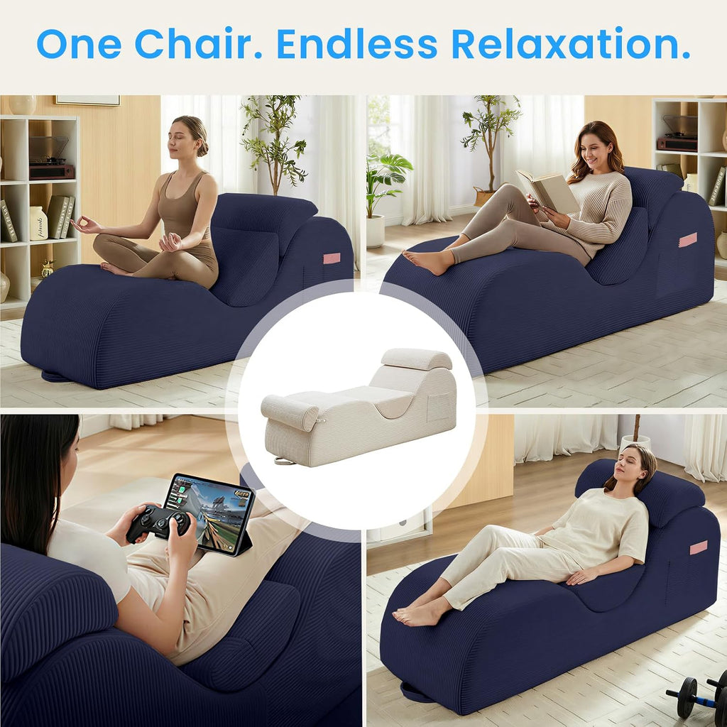 ijuicy 25' Wide Ergonomic Yoga Chair, Stretch Yoga Chaise Lounger with Adjustable Headrest, Waist Cushion, Movable Footrest, Side Pockets, Modern Reading Chair -Blue