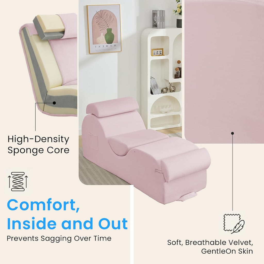 Ijuicy 25 Inch Yoga Stretching Recliner Chair, Soft Velvet Household Workout Training Chair, Indoor Leisure Lounge Chair with Headrest and Movable Footrest for Body Stretching & Daily Relaxation, Pink