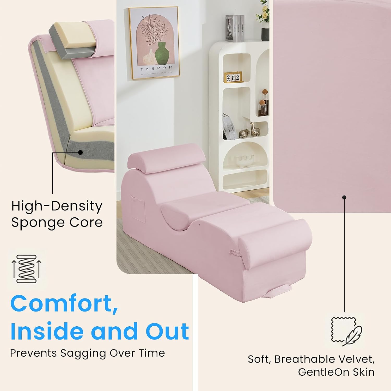 Ijuicy 25 Inch Yoga Stretching Recliner Chair, Soft Velvet Household Workout Training Chair, Indoor Leisure Lounge Chair with Headrest and Movable Footrest for Body Stretching & Daily Relaxation, Pink