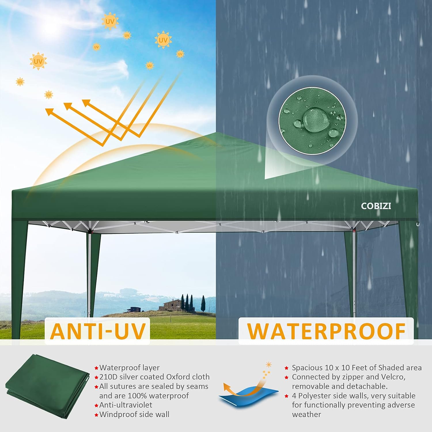 COBIZI 10x10 Pop Up Canopy Tent with 4 Sidewalls,10x10 Ez Up Waterproof Canopy Tents for Parties Camping Exhibition, Outdoor Easy Set U Gazebo Tent with Carry Bag,8 Stakes & 4 Ropes(Green