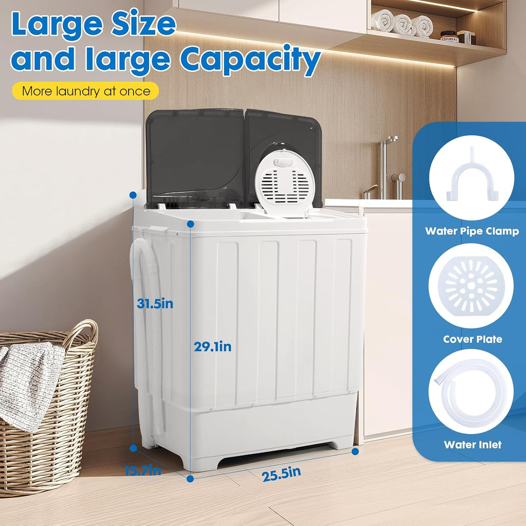 Dawmilon Portable Washing Machine, 28lbs Twin Tub with Drain Pump - 18lbs Washer and 10lbs Spinner Combo, Semi-Automatic Compact Laundry Machine for Apartments, Dorms, RVs, Camping - Grey