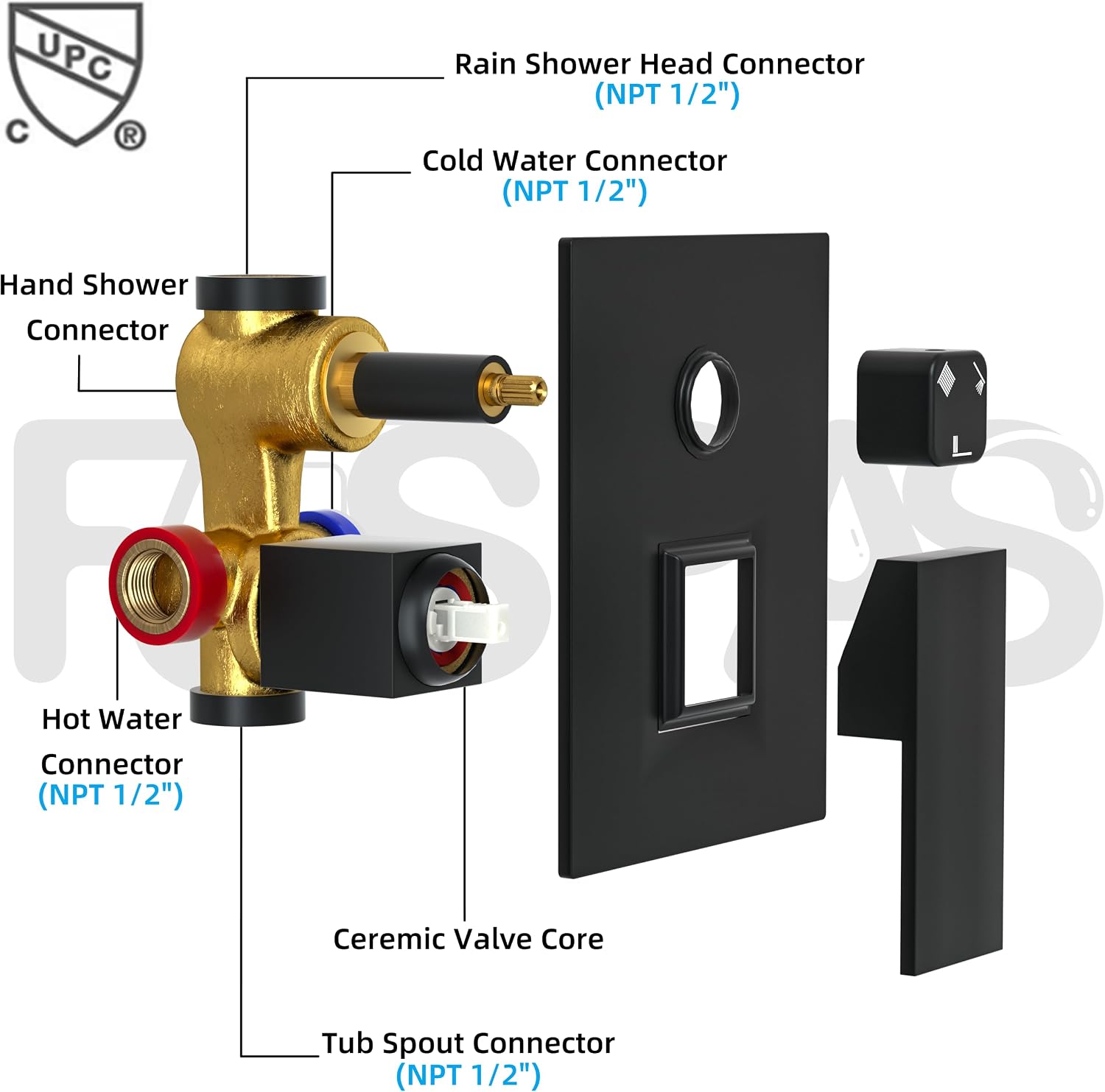 Ceiling Mount Shower System with Tub Spout, 10-Inch High-Pressure Rain Showerhead and Handheld Combo, Matte Black Shower Faucet Set with Rough-in Valve and Trim Kit, All-Metal