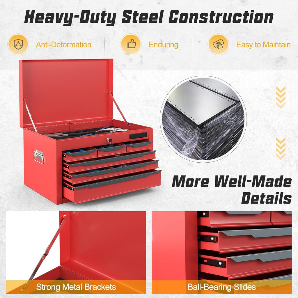 Large Metal Tool Box, ARNOT Tool Box with 6 Drawers & Top Tray, Heavy-Duty Steel Tool Chest with Auto-Locking Drawers and Side Handles for Garage & Workbench, Black (Red)