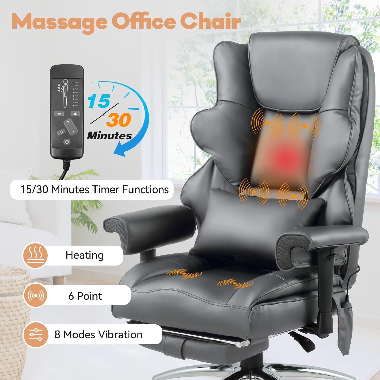 Massage Office Chair with Foot Rest, Ergonomic Executive Heated Office Chair with Reclining Backrest, Adjustable Arms and Lumbar Support, High Back Leather Desk Chairs for Home Office, Gray