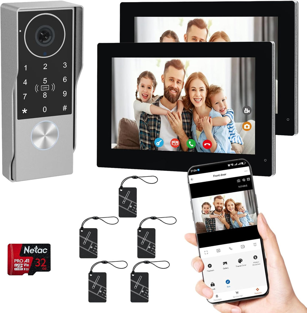 2-Wired key pad Video Intercom System with keypad,doorbell with monitor Dual 7'' Touch Screen, 1080P HD Camera, Passcodes Unlock, Night Vision, Tuya app, Waterproof, for Front Gate Apartment Home