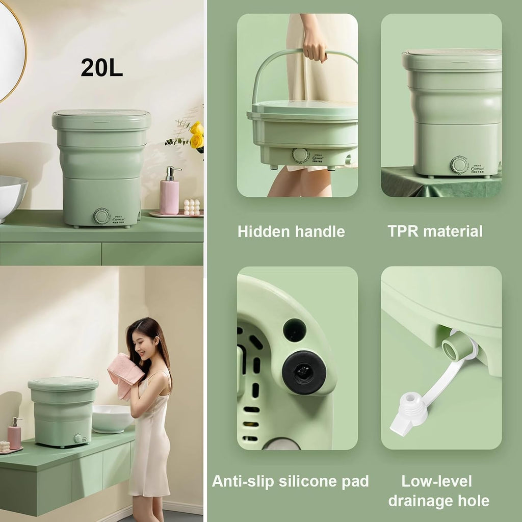 Portable Washing Machine, 20L Collapsible Mini Washer with Dehydration, for Small Clothes, Foldable Design Ideal For Hotel, Home, Apartment, Camping(Green)